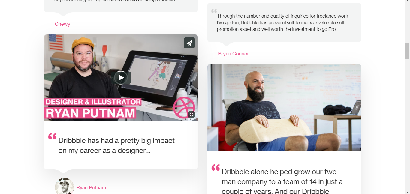 Client testimonial videos at Dribbble