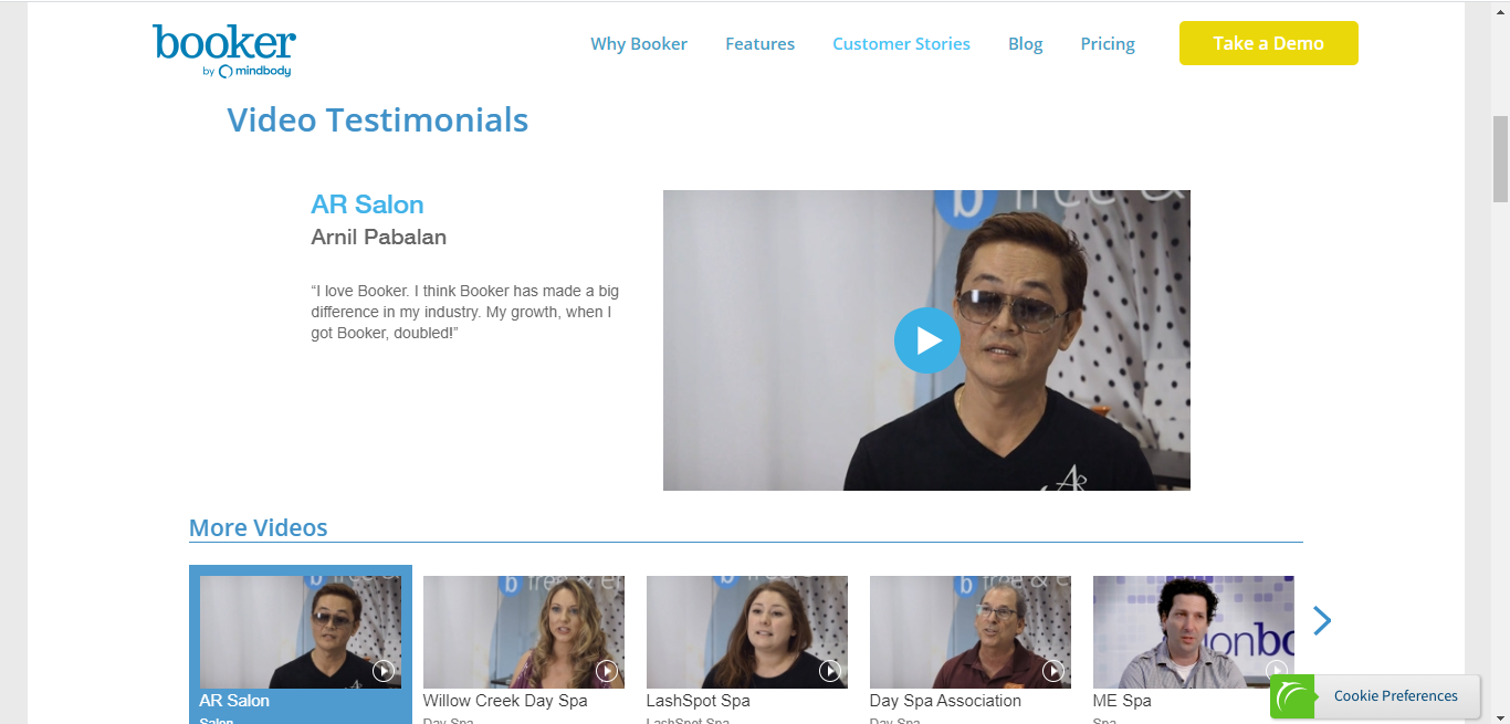 Video testimonial examples on the Booker website